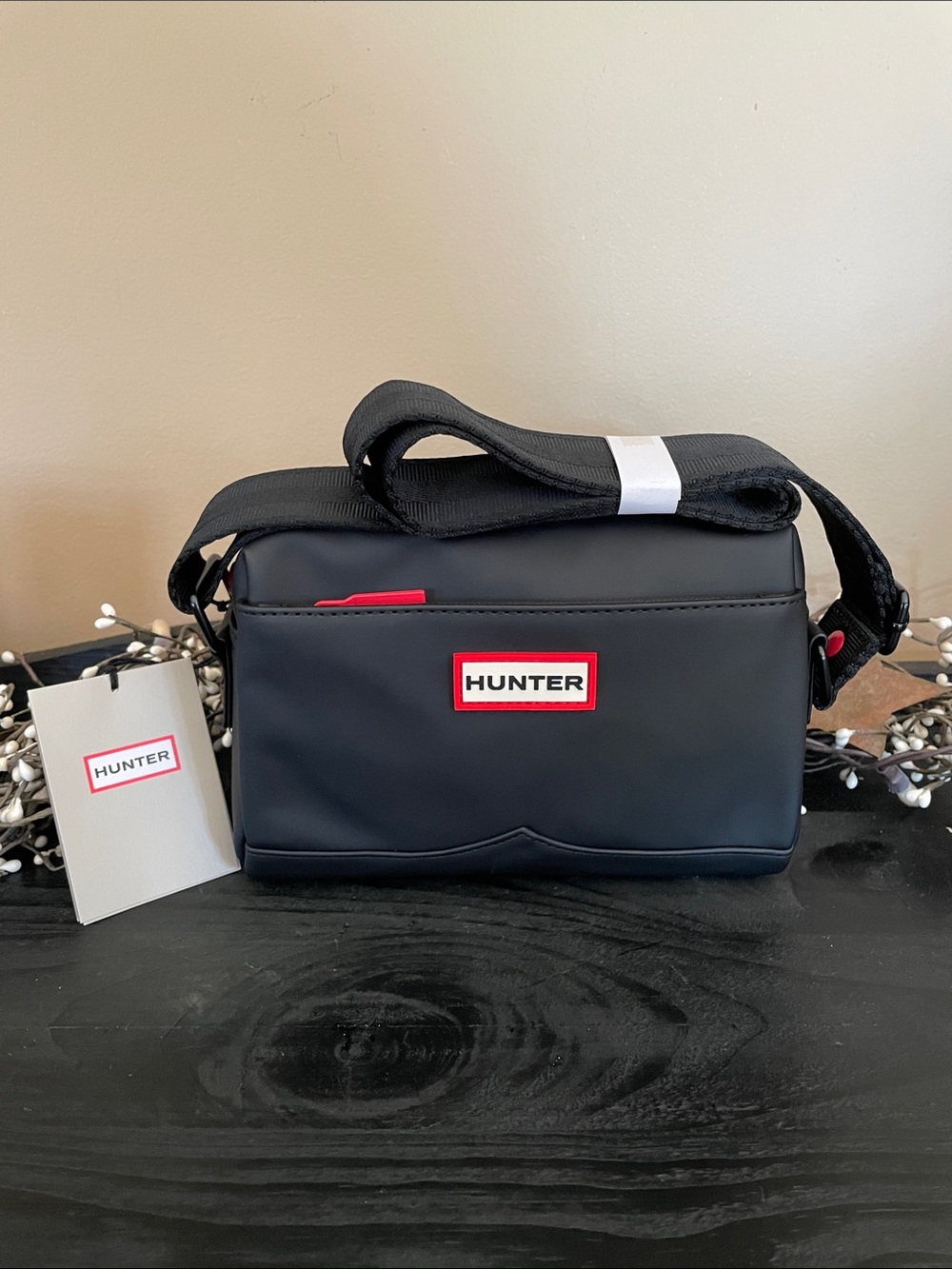 NWT Hunter Black Crossbody Water Resistant Bag with Red Logo Accent 9”x6.5”